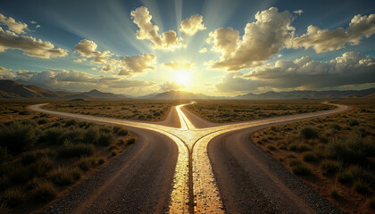 Scene with a road splitting into 3 possible ways, representing the choice of different paths in life, nature background with amazing cloudscape