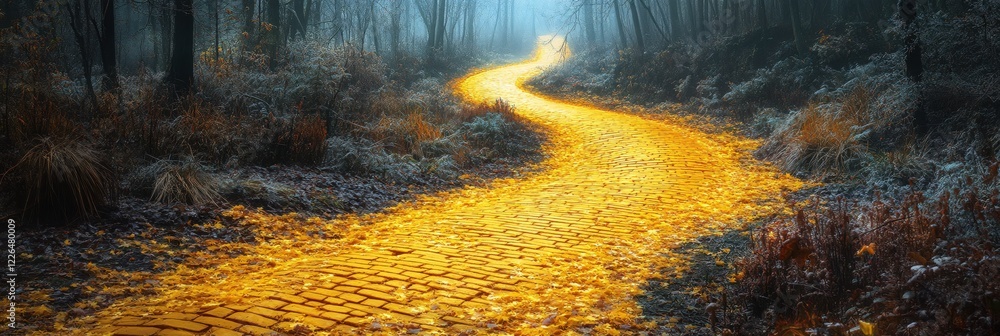 Poster golden path through dark forest with fog and frost leading into the light mysterious and magical