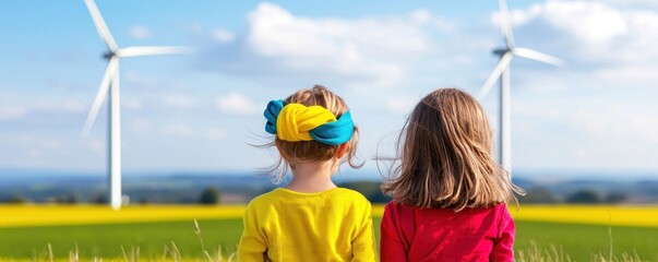 clean energy wind solutions concept. Two children admire wind turbines in a vibrant green landscape under a clear blue sky.