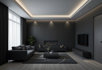 Fototapeta premium Modern Dark Living Room Interior Design With Fireplace And Television