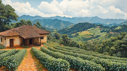 Naklejka premium Hillside Farm House, Tea Plantation, Mountain View, Rural Scene