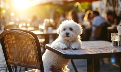 Adorable Fluffy White Dog Enjoying Sunlight at Restaurant Table, Happy Pet in Outdoor Dining Setting, Warm and Inviting Atmosphere, Generative AI