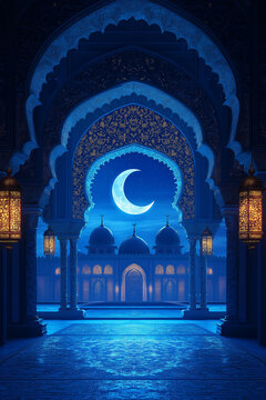 NIGHT of FAITH. An ornate arch frames a moonlit mosque, its glowing crescent a beacon of faith against the tranquil night sky, illuminated by warm lanterns.