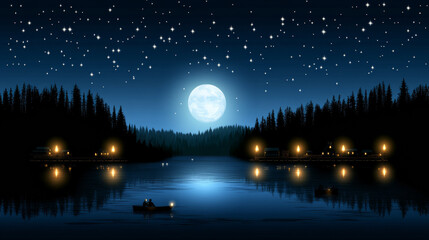 serene night scene with full moon reflecting on calm lake