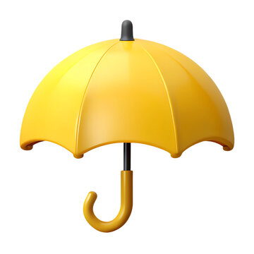 3d yellow umbrella with curved handle. Toy glossy plastic element isolated on white background.