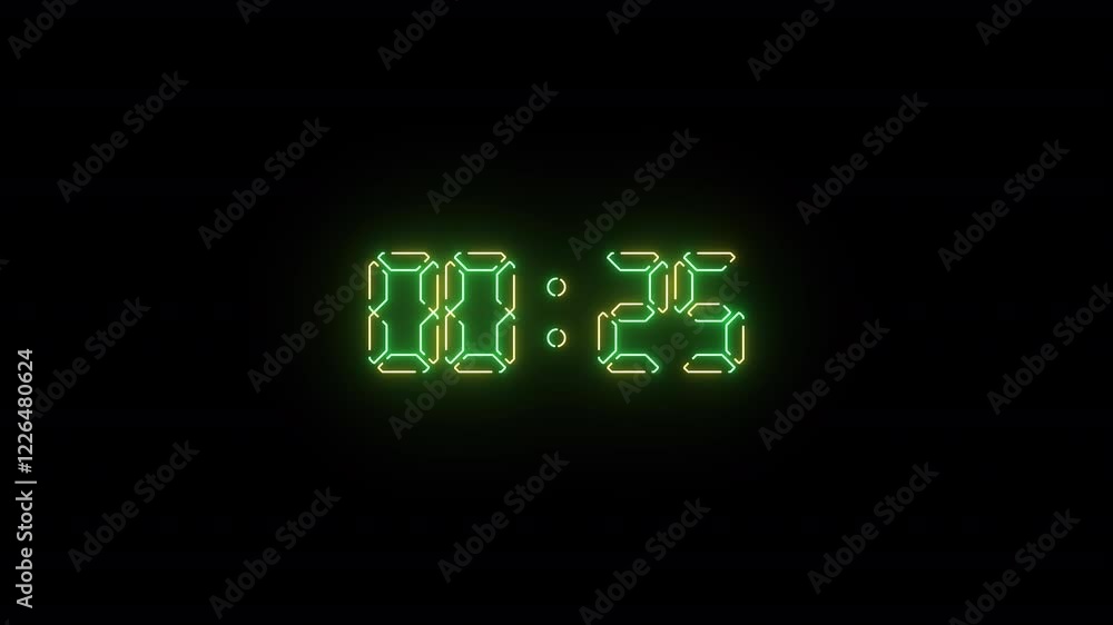 Poster digital 30 seconds neon glowing countdown timer animation, digital 30 seconds neon countdown on blac