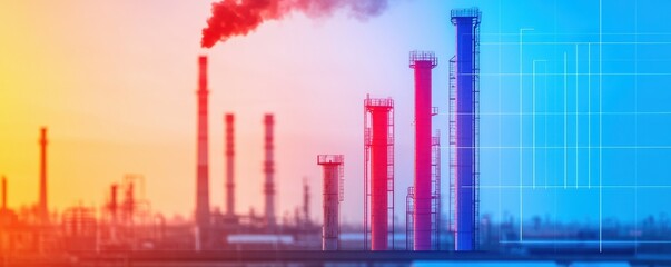 Fototapeta premium Industrial Smokestacks Emitting Smoke Against a Colorful Sky