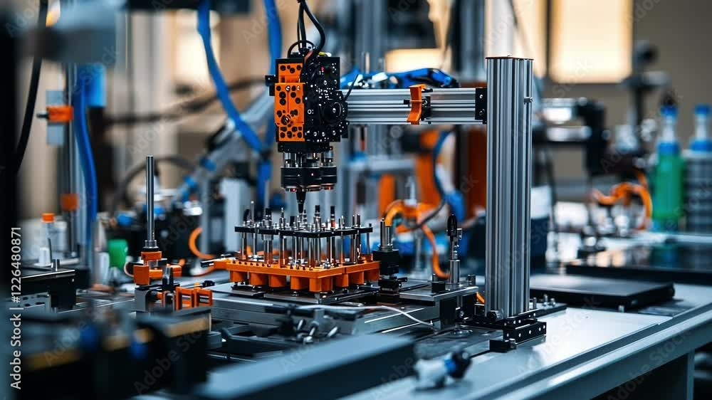 Aufkleber modern robotic arm performing precise operations, picking and placing components on assembly line wi