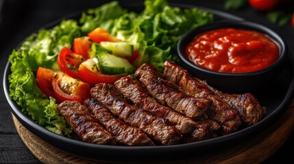 Grilled steak, salad, sauce, dark background, restaurant menu