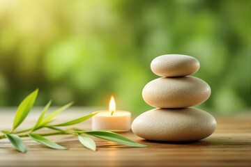 Obraz premium Spa stones stacked with a lit candle and fresh bamboo leaves on a wooden surface, set against a blurred green background. Concept of calmness and balance. Ai generative