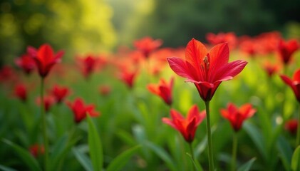 Fototapeta premium Red alstroemeria in a field of greenery and foliage, alstroemeria, red, flowers