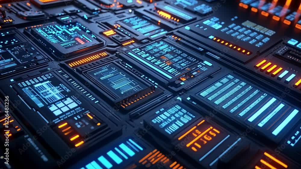 Poster futuristic control panel displaying complex data analysis and manufacturing processes, featuring glo