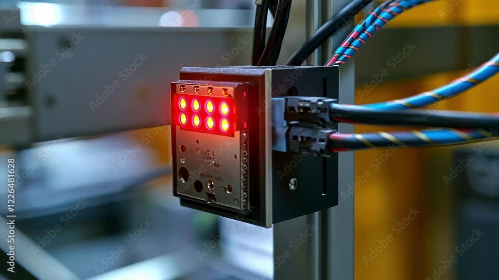 Poster red lights are flashing on a sensor, indicating activity and monitoring processes within a modern fa