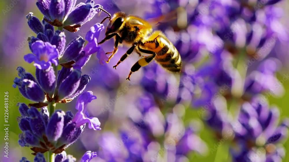 Poster a macro shot of a honeybee mid-flight near lavender blooms, capturing delicate wing movement and vib