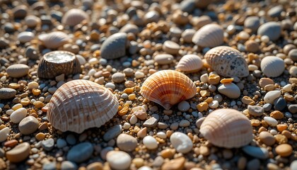 Fototapeta premium Macro shot of seashells and pebbles on the beach, with sunlight creating vibrant highlights and shadows