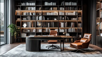 Luxurious Home Library and Office with Floor-to-Ceiling Bookshelves and Leather Seating