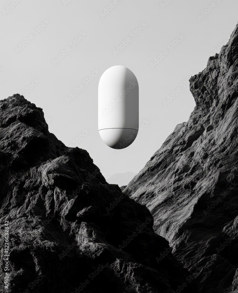 Poster monochrome image of a white capsule-shaped object floating between two dark rocky mountains under a 