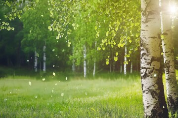 Obraz premium Sunlight filters through a dense canopy of vibrant green leaves in a peaceful summer forest, creating beautiful dappled light patterns.