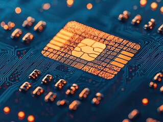 Close-Up View of Modern Microchip on Circuit Board in Blue and Gold