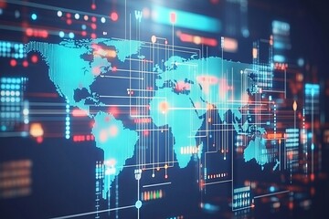 Obraz premium A computer screen shows a map of the world with many lines and dots