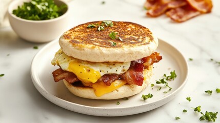 A crispy and savory bacon and egg breakfast sandwich with melted cheese and a toasted English muffin, served on a white ceramic plate, Sandwich centered
