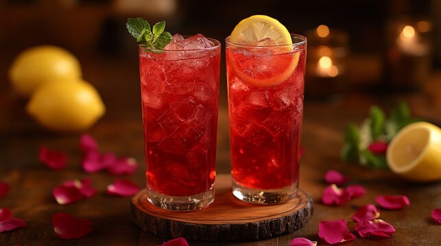 Refreshing red berry drink with lemon and mint served in tall glasses. Perfect for summer and beverage concepts.