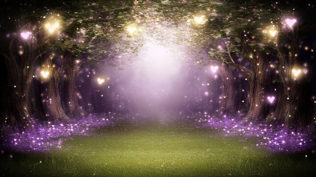 Magical forest path with glowing hearts and sparkling lights