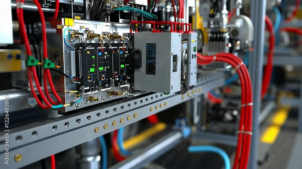 Poster close up of a sophisticated industrial machine displaying intricate wiring and components, emphasizi