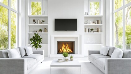 Bright living room with fireplace, sofas, and built-in shelves.