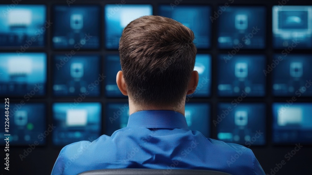 Poster clean energy wind solutions concept. a person monitors multiple screens in a dark control room setti