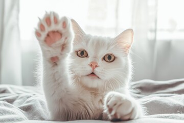Fototapeta premium Playful White Cat Raising Paw in Bright Natural Light Indoors