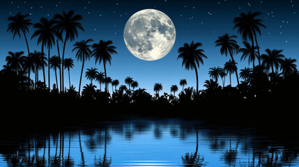 serene night scene with full moon reflecting on calm lake