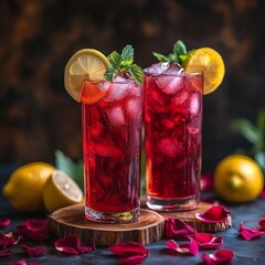 Refreshing red berry drink with lemon and mint served in tall glasses. Perfect for summer and beverage concepts.