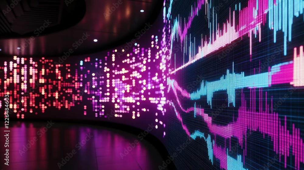 Aufkleber abstract data visualization on curved screen with vibrant blue and pink charts and patterns