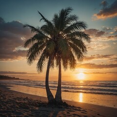 A palm tree on a beach glowing against the setting sun.
