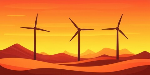 Obraz premium clean energy wind solutions concept. Wind turbines silhouetted against a vibrant sunset in a desert landscape.