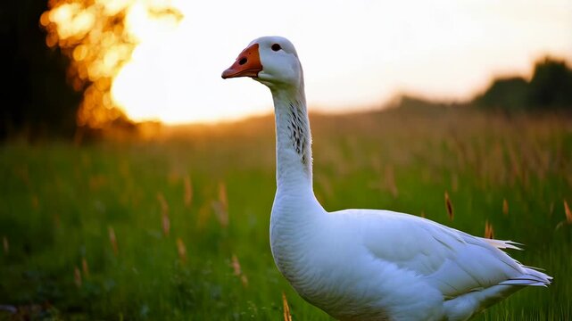 White goose in a green field at sunset.