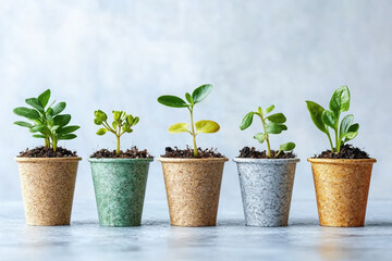 Fototapeta premium Five small potted plants in biodegradable pots showcasing growth stages against a soft background