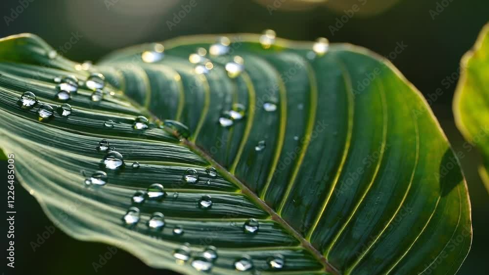 Aufkleber a close-up of raindrops on a large tropical leaf, each droplet refracting sunlight to create tiny ra