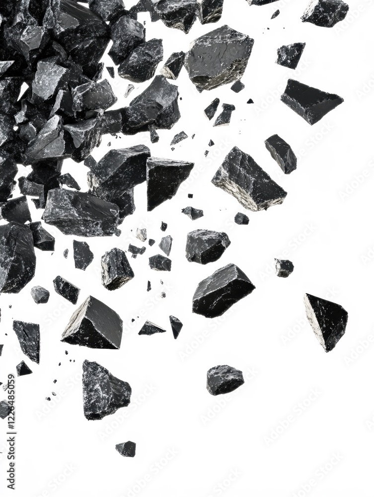 Poster black rock fragments falling on a white background creating a dynamic abstract composition