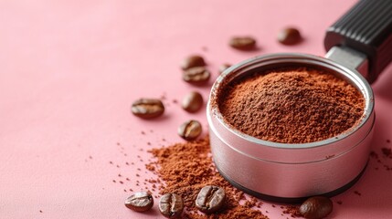 Ground coffee, portafilter, beans, pink, backdrop, brewing