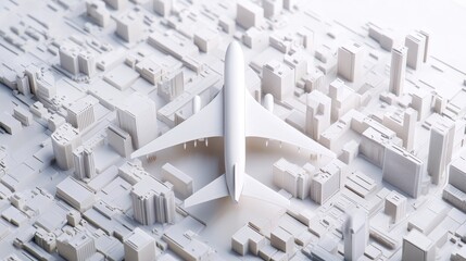 clean energy wind startup concept. White airplane model over a detailed miniature cityscape in a modern design.