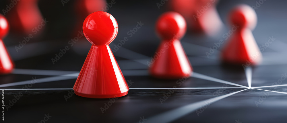 Poster red game pieces symbolize teamwork and collaboration in network. vibrant color and arrangement evoke