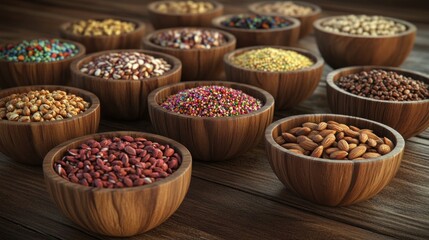 Fototapeta premium Colorful seeds and nuts in wooden bowls on table