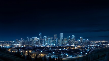 Connected city lights in the night with digital network illustration overlay