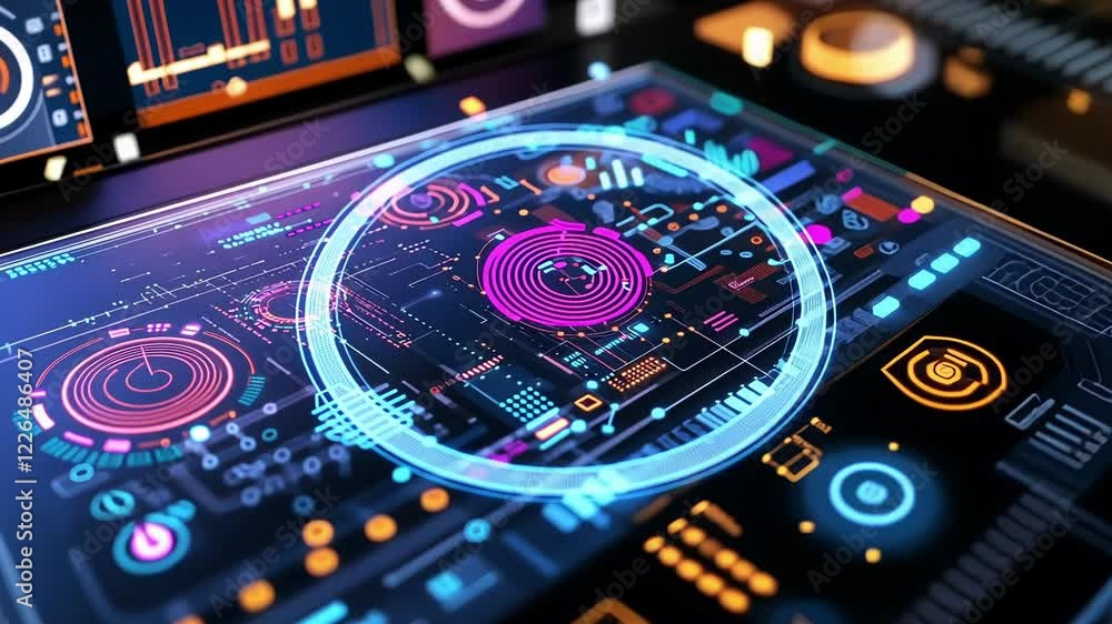Poster complex digital interface featuring manufacturing data analysis with vibrant charts and graphs, high