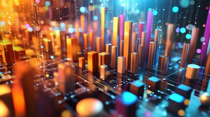 Abstract data visualization, city skyline, glowing bars, digital background, financial report