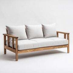 Modern wooden sofa with three off-white cushions.