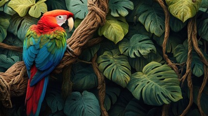 Fototapeta premium Scarlet macaw perched on a branch amidst lush tropical foliage.