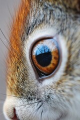 Close up of a squirrel eye with a tree reflection in the pupil detailed fur and whiskers